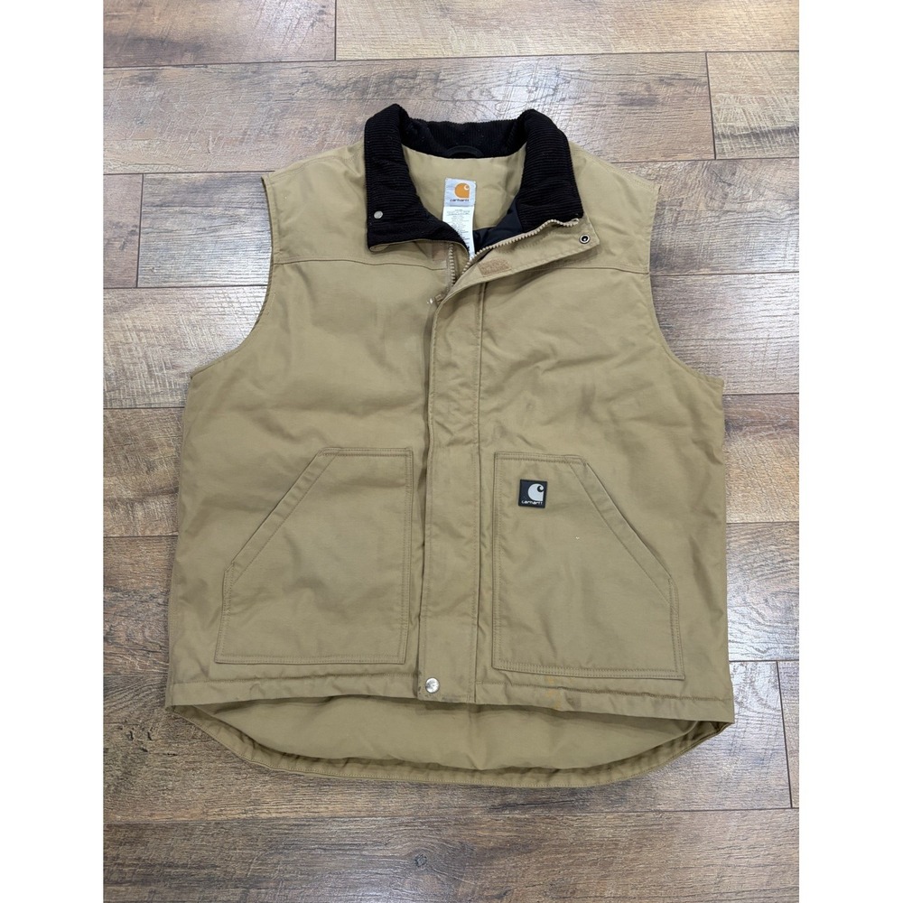 Carhartt V27 DKH Quilted Vest XL Khaki Ribbed Collar Full Zip Canvas Workwear